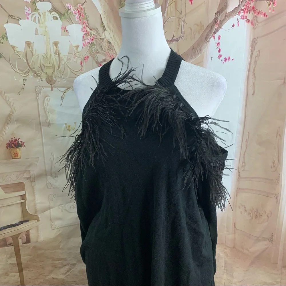 NEW Eloquii Cold Shoulder Sweater with Feather Trim Sweater - Picture 3 of 11